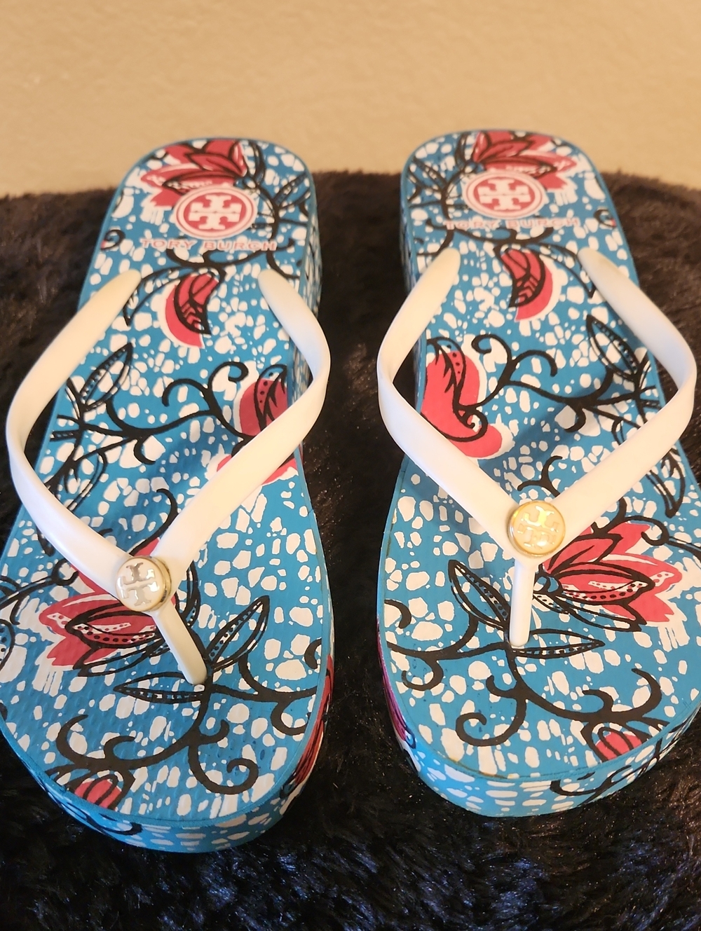 Tory Burch Blue Floral Logo Flip Sandals with White Straps